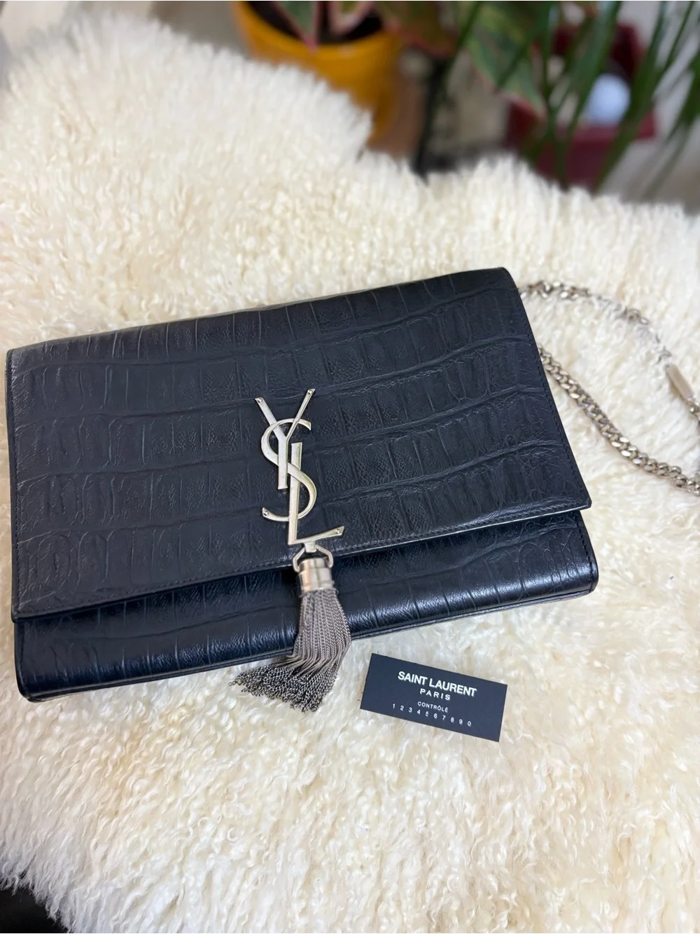 YSL Calfskin Crocodile Embossed Medium Classic Monogram Kate TasselSatchel Black